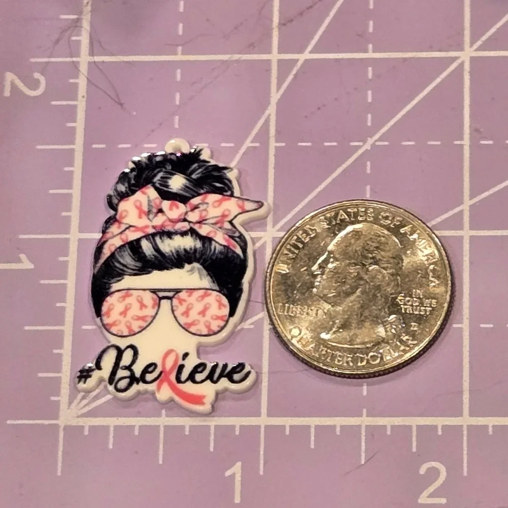 Breast Cancer Awareness Messy Bun Acrylic Charms Believe Pink Ribbon DIY 10pc